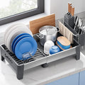 Expandable Dish Drying Rack, Stainless Steel Dish Rack with Aluminum Frame, Dish Drainer for Kitchen Counter, Space Saving Kitchen Drying Rack with Movable Utensil Holder,Gray
