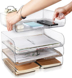 4 Pack Paper Organizer Letter Tray Clear Desk Organizer, Clear PET Desk Rrganizer for Magazines, Binders, Notebooks, Envelopes, Multi-Purpose Plastic Paper Tray Organizer