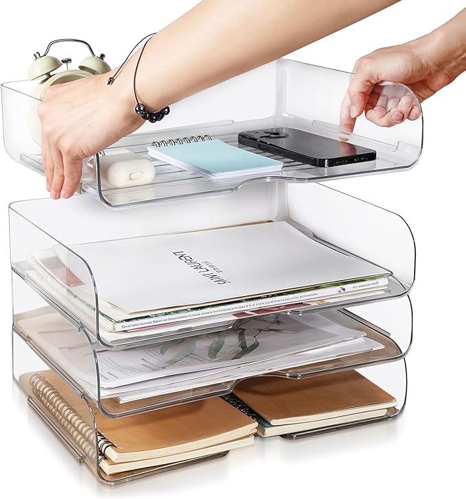 4 Pack Paper Organizer Letter Tray Clear Desk Organizer, Clear PET Desk Rrganizer for Magazines, Binders, Notebooks, Envelopes, Multi-Purpose Plastic Paper Tray Organizer
