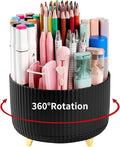 Desk Pencil Pen Holder, 5 Slots 360°Degree Rotating Pen Organizers for Desk, Desktop Storage Stationery Supplies Organizer, Cute Pencil Cup Pot for Office, School, Home, Art Supply, Black