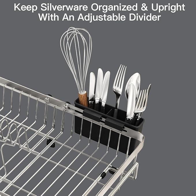 MAJALiS Over The Sink Dish Drying Rack for Small Kitchen Counter Space Saving, Expandable Stainless Steel Compact RV Plate Drain Strainer in Silver Wire Metal with Hanging Adjustable Utensil Holder