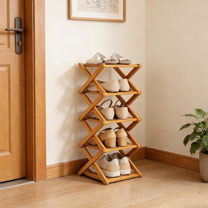 2/3/4/5/6/7/8/9 Tier Bamboo Shoe Rack - Foldable,No Installation Needed,Space-Saving Multi-Tier Storage for Indoor & Balcony Use (Yellow,7 Layers)