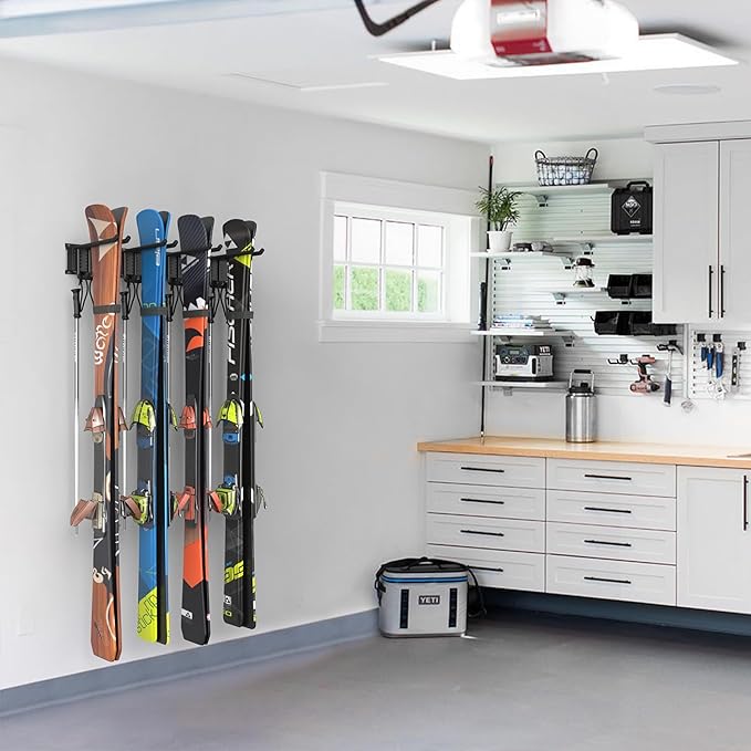 WALMANN Garage Storage Organization Wall Ski Rack 4 Pairs of Skis Mount Ski Hanger for Garage Snowboard Wall Rack Holds Up to 200 lbs