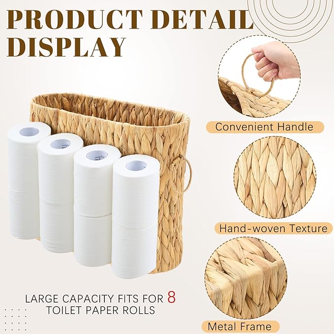 Remerry 16 Pcs Wicker Bathroom Set Toilet Paper Storage, Wicker Tissues Box Holder, Toilet Tank Basket, 2 Gallon Round Trash Can, Shower Curtain Hook, Handwoven Waste Basket for Bedroom, Kitchen, Home
