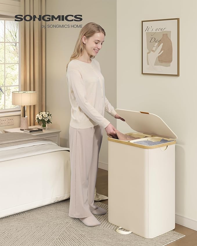 SONGMICS Laundry Hamper, Laundry Sorter with Lid, Storage Basket Bin, Removable Liners, Bamboo Frame, for Bedroom, 2 Sections, 39.6 Gal. (150 L), Cream White ULCB532WD01