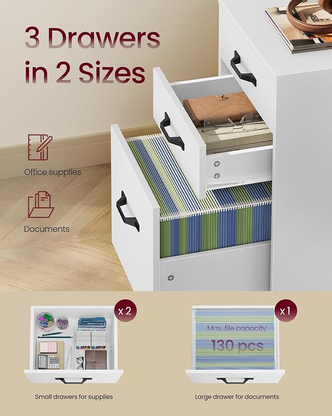 VASAGLE Mobile File Cabinet, 3 Drawers Filing Cabinet with Wheels, for Home Office, for A4, Letter Sized Documents, Adjustable Hanging Rail for File Folders, Cloud White UOFC065WB02S