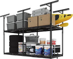 FLEXIMOUNTS 3x8 2-Tier Overhead Garage Storage Rack – Adjustable Heavy Duty Metal Garage Ceiling Storage Racks, 1000 lbs Capacity – Garages Organization System for 9–15 ft Tall Garages, Black