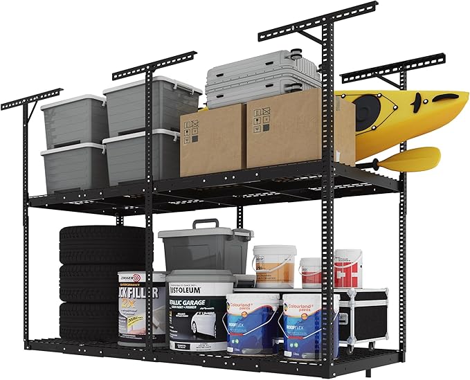 FLEXIMOUNTS 3x8 2-Tier Overhead Garage Storage Rack – Adjustable Heavy Duty Metal Garage Ceiling Storage Racks, 1000 lbs Capacity – Garages Organization System for 9–15 ft Tall Garages, Black