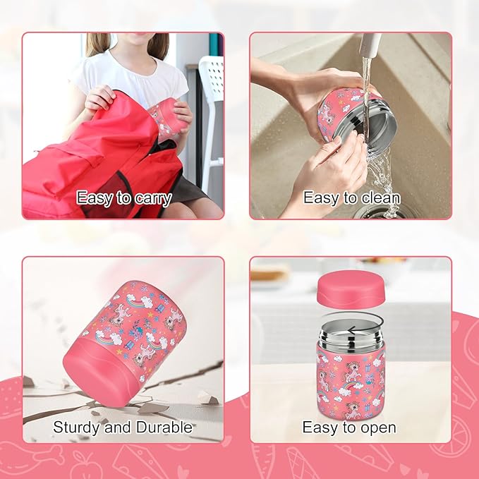 12oz Soup Thermo for Hot Food Kids Insulated Food Jar Wide Mouth Lunch Container Leak Proof Stainless Steel Vacuum Bento Box for School Office Travel Outdoors Pink-unicorn