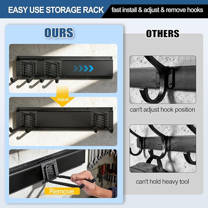 14Pack Garage Tool Organizer Wall Mount, 49.5'' Rails with 11 Adjustable Hooks, Heavy Duty Garage Storage & Organization Kit, Space-Saving Garage Wall Hook Rack for Shed Garden Yard Tool, Up to 520lbs