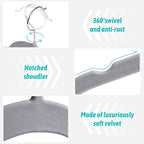Premium Velvet Shirt Hangers 50 Pack, Space-Saving Non-Slip Felt Hanger with 360° Swivel Hook, Slim Flocked Hangers for Strappy Dresses, Blouses, Tank Tops(Grey)