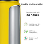Fanhaw 20 oz Insulated Stainless Steel Water Bottle with Anti-Dust Chug Lid & Carabiner Lid, Leakproof Vacuum Metal Bottle for Kids, Women & Men (Yellow)