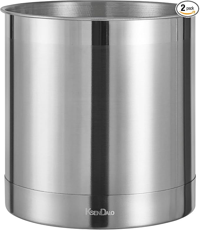 KSENDALO Stainless Steel Utensil Holder 7x7inch Large Utensil Holder for Countertop, Round Utensil Caddy for Spoons, Silverware, and Spatulas for Kitchen, Silver
