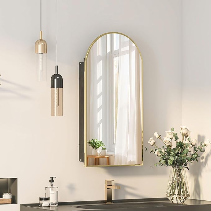 Recessed Medicine Cabinet Mirror,Brushed Brass Gold Arched Medicine Cabinet with Mirror for Bathroom,Metal Edge Mirrored Medicine Cabinets,in Wall Arch Mirrored Cabinets with Storage 16x31