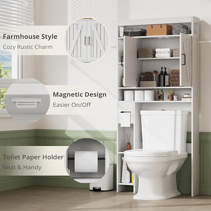 Over The Toilet Storage Cabinet, Farmhouse Storage Cabinet Over Toilet with 2 Barn Door & Toilet Paper Holder Stand, Freestanding Space-Saving Toilet Storage Rack for Bathroom Laundry, White