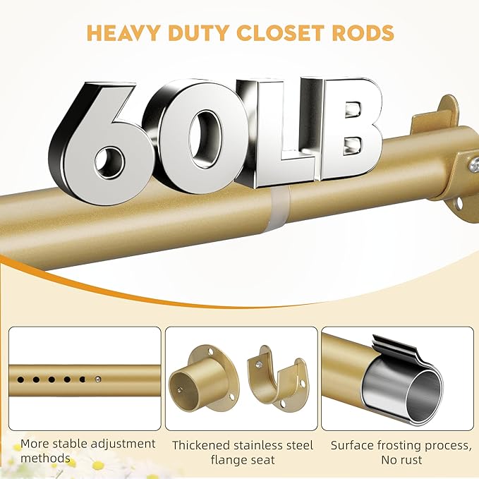 1.3 Inch Diameter Closet Rods for Hanging Clothes 17-64 Inch Adjustable, Metal Heavy Duty Closet Pole, Gold Closet Bar for Hanging Clothes, Suitable for Closet, Wardrobes, Bathroom, Windows