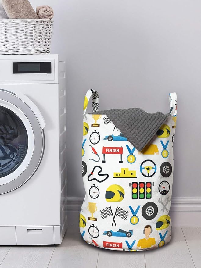 Ambesonne Race Car Laundry Bag, Cartoon Style Speedometer Flag Trophy Steering Checkered Flag Mechanic Items, Hamper Basket with Handles Drawstring Closure for Laundromats, 13" x 19", White Multicolor