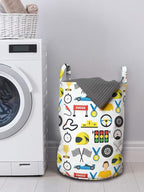 Ambesonne Race Car Laundry Bag, Cartoon Style Speedometer Flag Trophy Steering Checkered Flag Mechanic Items, Hamper Basket with Handles Drawstring Closure for Laundromats, 13" x 19", White Multicolor