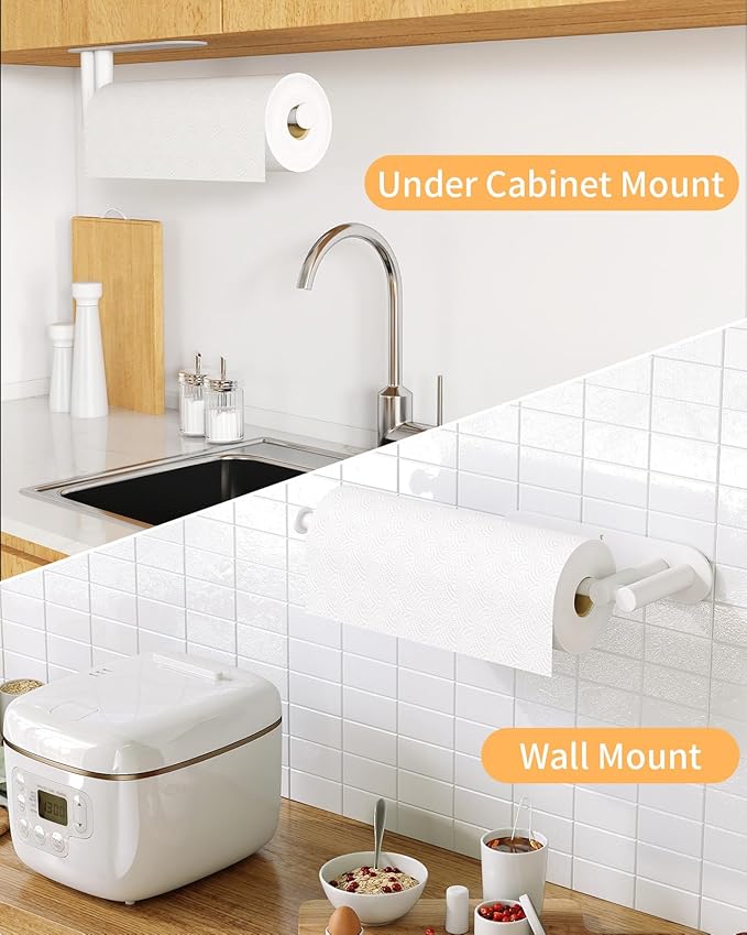 Paper Towel Holder Under Cabinet, 13Inch Self-Adhesive or Wall Paper Towel Holder for Kitchen, Bathroom, RV, White