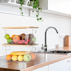 4 Set Pantry Organizer and Storage, Stackable Trash Bag Dispenser Clear Acrylic Kitchen Counter Pantry Baskets for Potato, Onion, Produce, Fruit, Vegetable, Snack, Trash Bag Holder with Bamboo Top