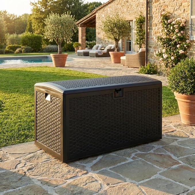 Garvee 99 Gallon Waterproof Large Resin Deck Box Indoor Outdoor, Lockable Storage Container for Patio Furniture Tools, Waterproof Deck Box Patio Storage Bin for Pool Garden, Black