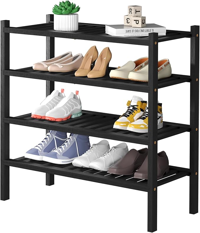 4 Tier (Thick) Bamboo Shoe Rack for Closet Free Standing Wood Shoe Shelf for Entryway Small Space Stackable 27"x12"x28" (Blackl)