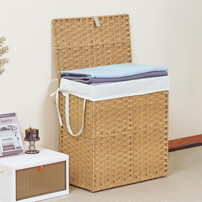 NEWBULIG Foldable Laundry Hamper with Lid, 29.1 Gallon (110L) Large Capacity Clothes Basket, Three Insert Storage Organizer Bin for Bedroom, Bathroom & Laundry Room, Yellow