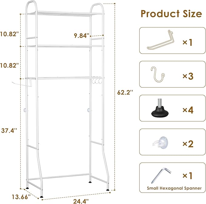 3-Tier Over The Toilet Storage Rack - Freestanding Bathroom Shelf Organizer with Toilet Paper Holder & 3 Hooks, Space-Saving Sturdy Rust-Resistant Design, 62" H White