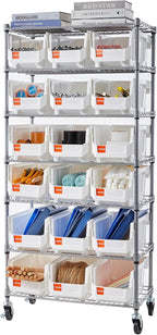VEVOR 7-Tier Rolling Bin Storage Rack, 18 Organizer Bins, Bin Rack Storage Steel Wire Shelving System with Wheels, Mobile Tool Organizer for Garage, Warehouse, Office, Restaurant, Classroom, Kitchen
