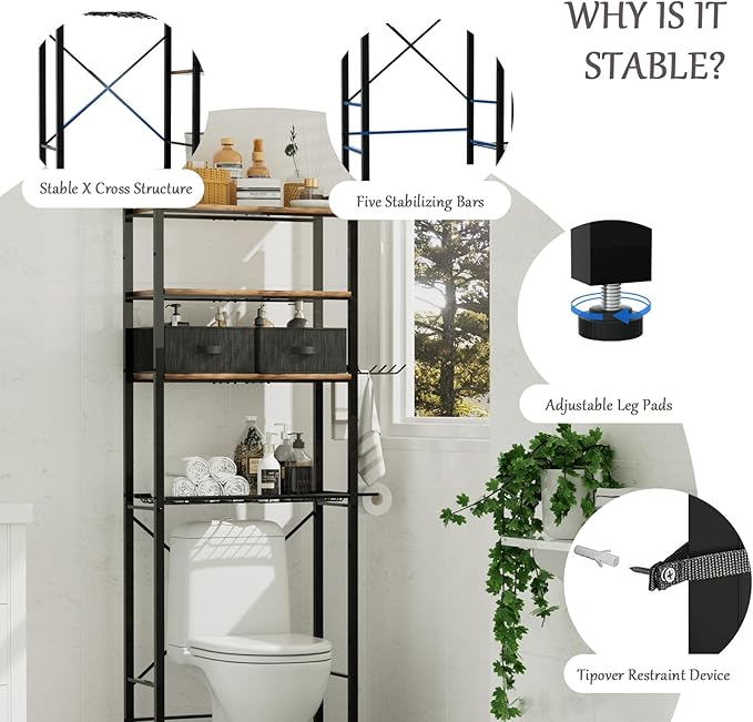 homyfort Over The Toilet Storage Cabinet, 4-Tier Bathroom Shelves Over Toilet, Easy Installation with Drain Basket, X Shape Side Guardrail, Freestanding Toilet Rack for Balcony, Laundry