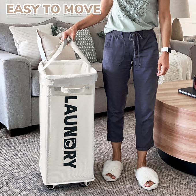 CHICVITA 2-Pack Laundry Baskets with Wheels and Handle,75L Collapsible Clothes Basket with Removable Wash Bags for Dorms and Corners, White Rolling Laundry Hamper