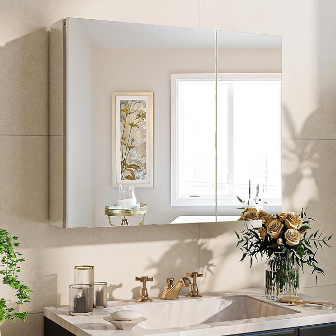 BEAUTYPEAK Bathroom Medicine Cabinet Mirror with Storage, 30 Inch x 24 Inch Silver Medicine Cabinet with Double Door & Adjustable Shelves for Vanity, Tempered, Aluminum Surface, Wall-mount or Recessed