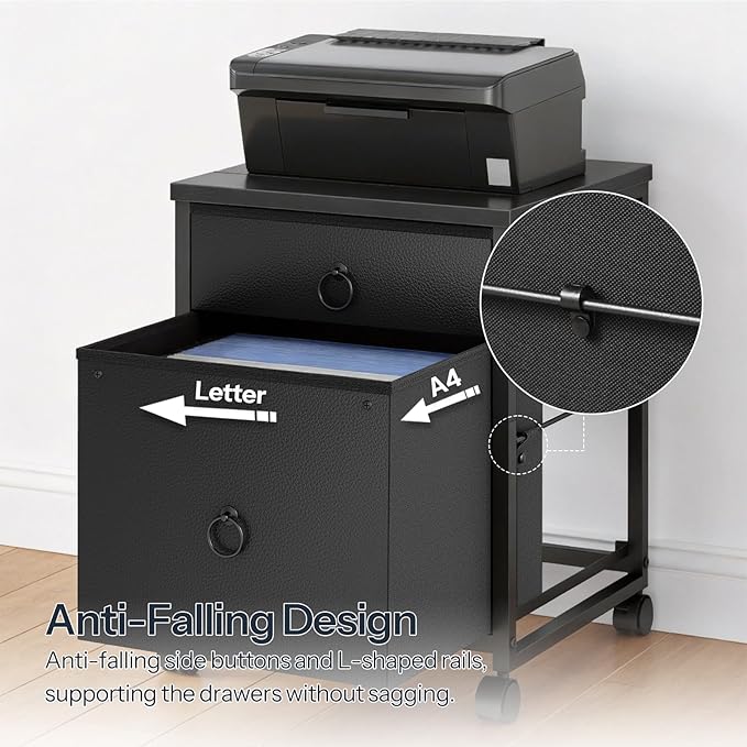 HOOBRO File Cabinet, 2-Drawer Vertical Mobile Office Cabinet, Rolling Printer Stand, for A4/Letter Size Files, Nonwovens Drawer, for Home Office, Black BB21WJ01