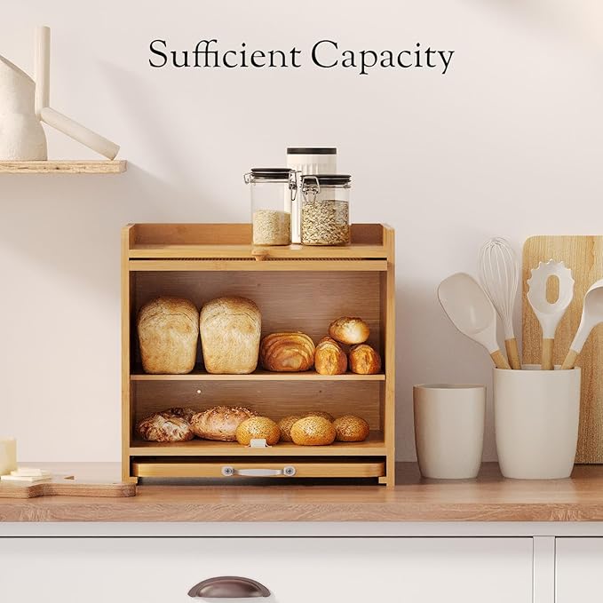 Bamboo Bread Box for Kitchen Countertop, Double Layer Kitchen Counter Organizers and Storage for Fruits, Tea, Spices, Coffee, Vintage Bread Bin Container with Cutting Board, Natural