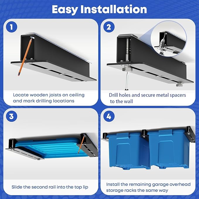 Overhead Garage Storage Rack, Garage Ceiling Storage Racks, Heavy Duty Storage Bin Ceiling Rails for 27 Gallon Totes，Tote Storage Rack System -Black (9 Sets for 8 Bins)