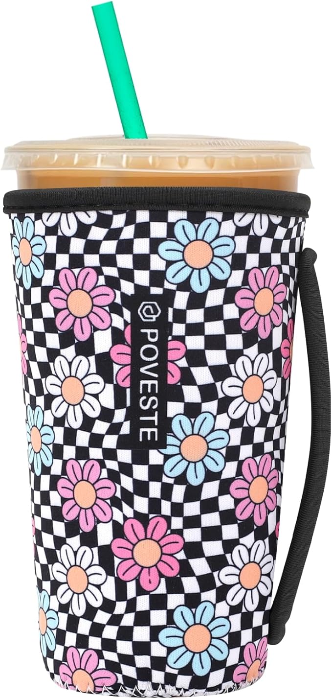 Reusable Neoprene Insulator Sleeve for Iced Coffee & Cold Soda, Coffee Sleeves for Iced & Hot Drinks, Cold Beverage Cooler Compatible with Starbucks, Dunkin (Checkerboard&Daisy, Large: 32oz)