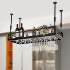 Industrial Wine Rack Ceiling Mounted, 110 lbs Heavy Duty, Adjustable Height, Holds 27 Glasses, Vintage Iron Floating Shelf for Kitchen, Bar, Restaurant (Black)