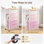Rolling Cart with 5 Drawers, Plastic Drawer Storage Carts with Wheels & Wooden Tabletop, Metal Utility Cart with Pegboards, Office Living Room Classroom Craft Organization and Storage, Bright Pink