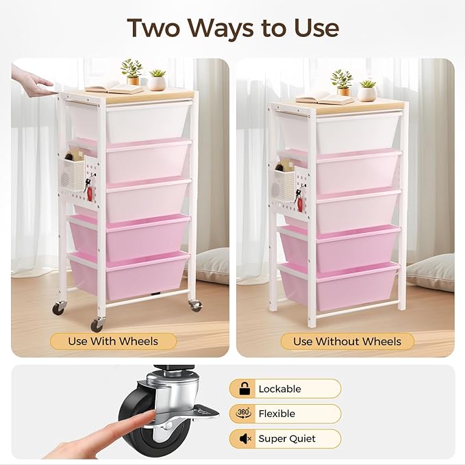 Rolling Cart with 4 Drawers, Plastic Drawer Storage Carts with Wheels & Wooden Tabletop, Metal Utility Cart with Pegboards, Office Living Room Classroom Craft Organization and Storage, Bright Pink