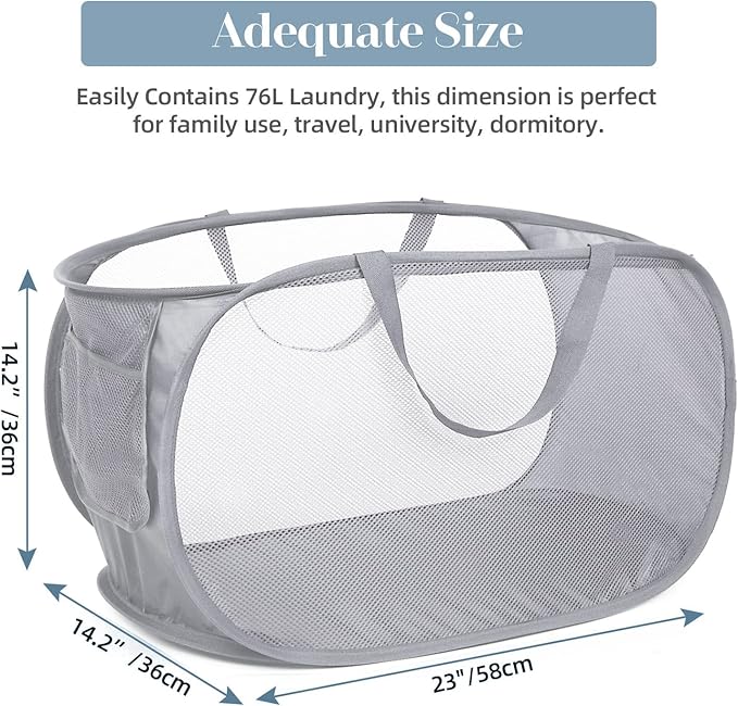 2 Pack Durable Collapsible Laundry Baskets - Reinforced Mesh Pop Up Laundry Hamper with Pocket, Foldable Dirty Clothes Hamper with Carry Handles for Laundry, Bathroom, Kids Room, Dorm or Travel Grey