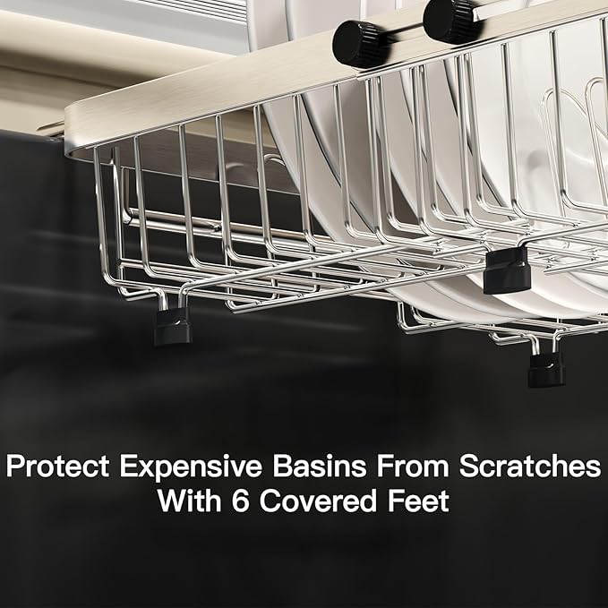 MAJALiS Over The Sink Dish Drying Rack for Small Kitchen Counter Space Saving, Expandable Stainless Steel Compact RV Plate Drain Strainer in Silver Wire Metal with Hanging Adjustable Utensil Holder