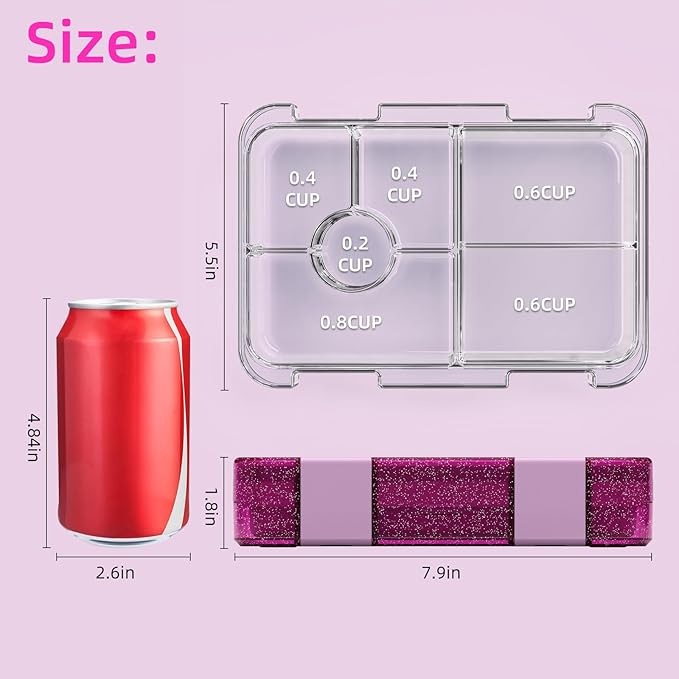 Bento Lunch Box for Kids, Plastic Lunch Box Case 5/6 Tritan Compartments, BPA free, Ideal Portion Sizes for On-the-Go Meal, Shiny Rose and Clear
