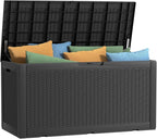 120 Gallon Outdoor Deck Box, Lockable Waterproof Outdoor Storage Boxes For Garden Tools,Indoor Cushions,Accessories Outside Storage Resin Weatherproof Container(Black)