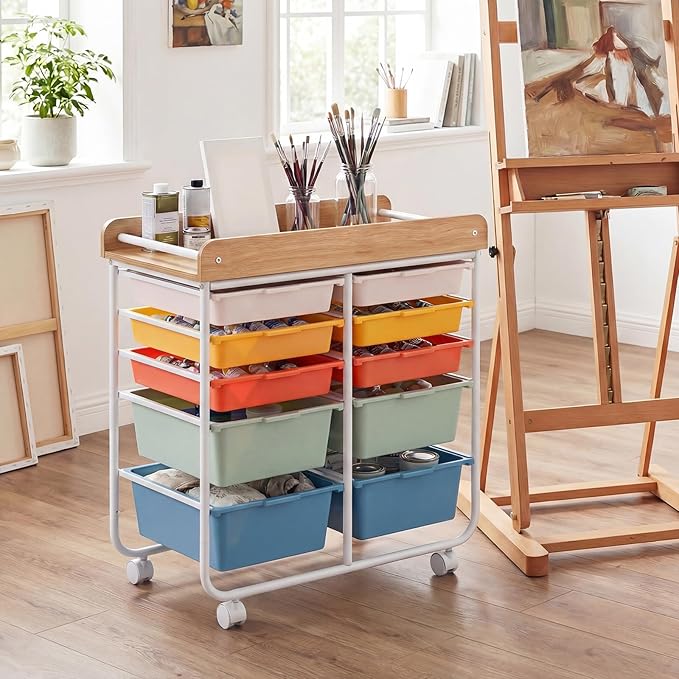 GOFLAME 10-Drawer Rolling Storage Cart, Craft Storage Cart with Wooden Tabletop, Lockable Wheels & Handles, Art Cart Supply Storage Organizer with Metal Frame for Home Office Classroom, Macaron Color