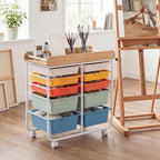 GOFLAME 10-Drawer Rolling Storage Cart, Craft Storage Cart with Wooden Tabletop, Lockable Wheels & Handles, Art Cart Supply Storage Organizer with Metal Frame for Home Office Classroom, Macaron Color