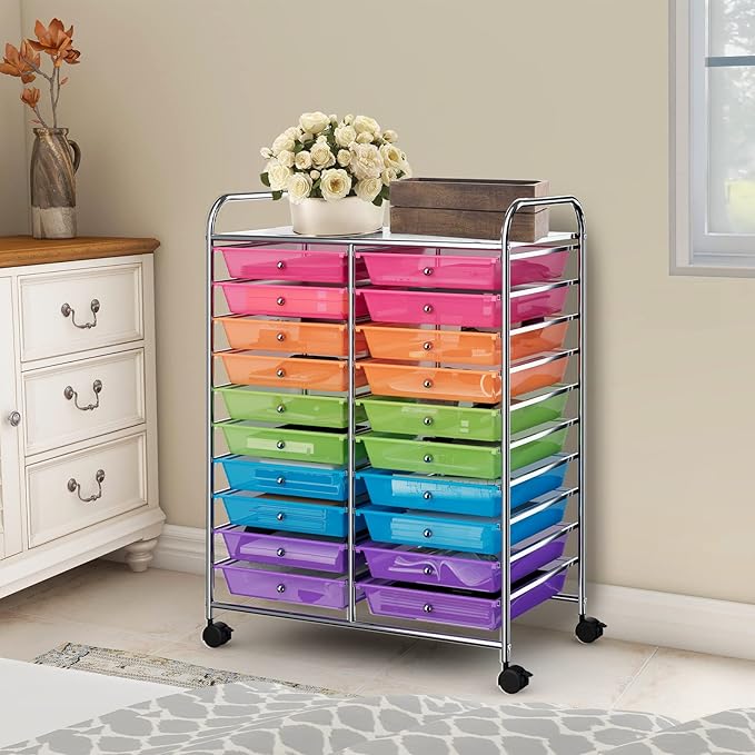 COSTWAY 20-Drawer Rolling Storage Cart, Utility Storage Organizer Cart for Tools, Scrapbook, Paper, Craft, Multipurpose Storage Trolley on Wheels for Home Office School (Rainbow)