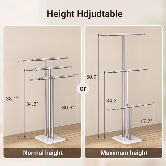 ELYKEN Standing Towel Racks for Bathroom, 3-Tier Floor Towel Holder Stand with Weighted Marble Base, Freestanding Bath Towel Rack, Width Adjustable & Stainless Steel Brushed Finish