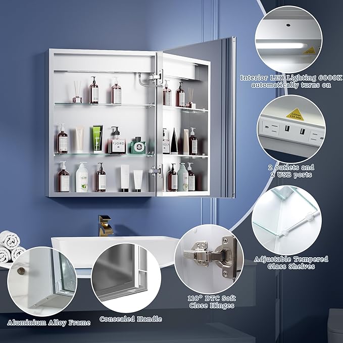 ExBrite Lighted Medicine Cabinet with Mirror, 20 x 26 Inch, Recessed or Surface led Medicine Cabinet, Defog, Stepless Dimming,Color Temperature Change,2 Outlets,Built-in 6000K Sensor Light,Right Hinge