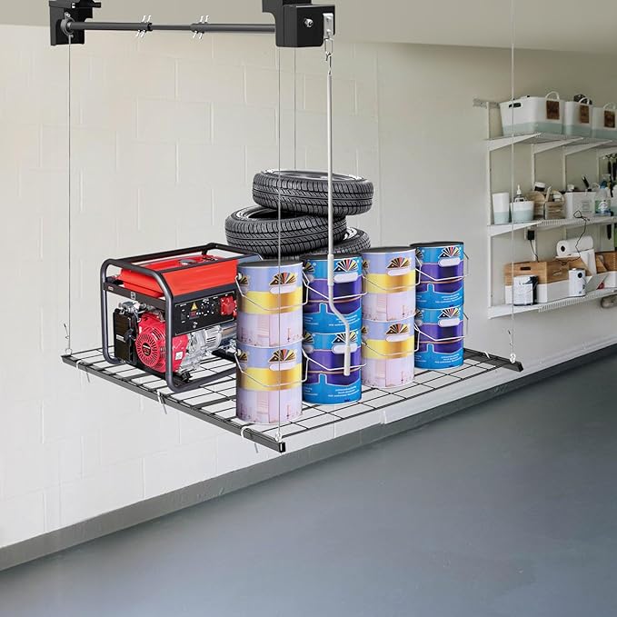 Ceiling Garage Storage Rack 250lbs Capacity | Carbon Steel Overhead Organizer | 48x48in Adjustable Height (48-96in) | Heavy-Duty Tool Rack with Double Rope Safety & Matte Black Finish