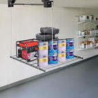 Ceiling Garage Storage Rack 250lbs Capacity | Carbon Steel Overhead Organizer | 48x48in Adjustable Height (48-96in) | Heavy-Duty Tool Rack with Double Rope Safety & Matte Black Finish